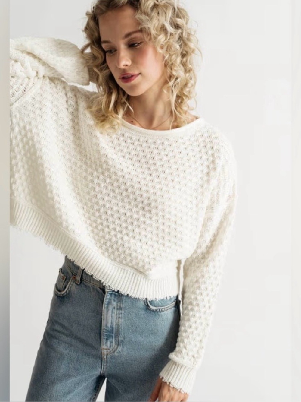Altar'd State Cream Textured Scoop Neck Sweater